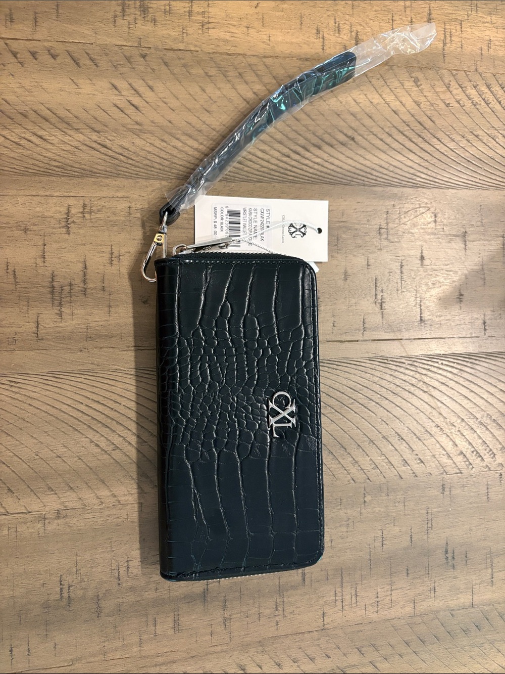 656 Christen Lacroix Black Croc-Embossed Zip Wristlet